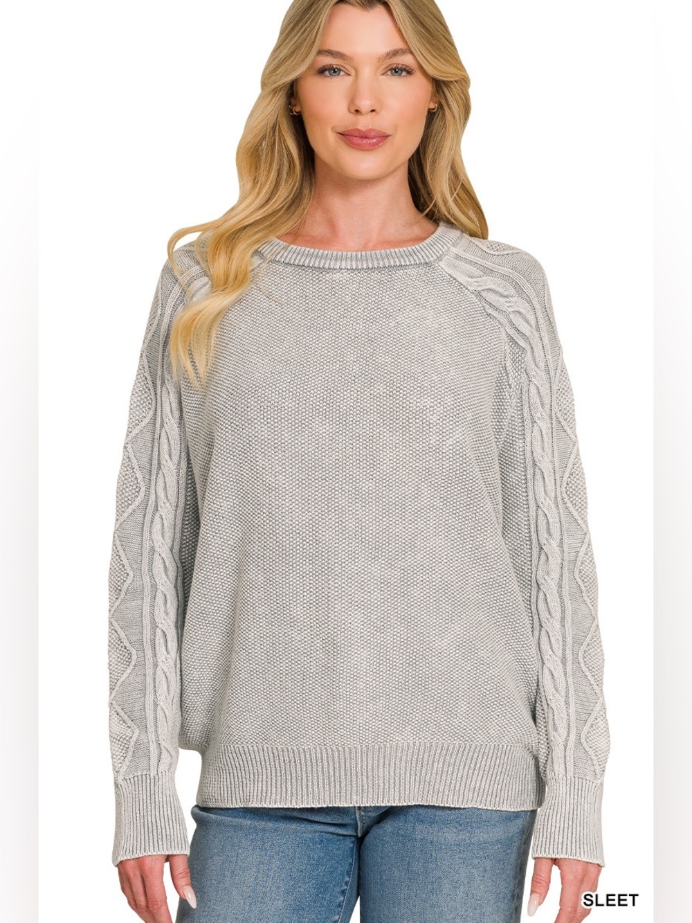 Zenana Sleet Stone Washed Cable Sleeve Crewneck Sweater